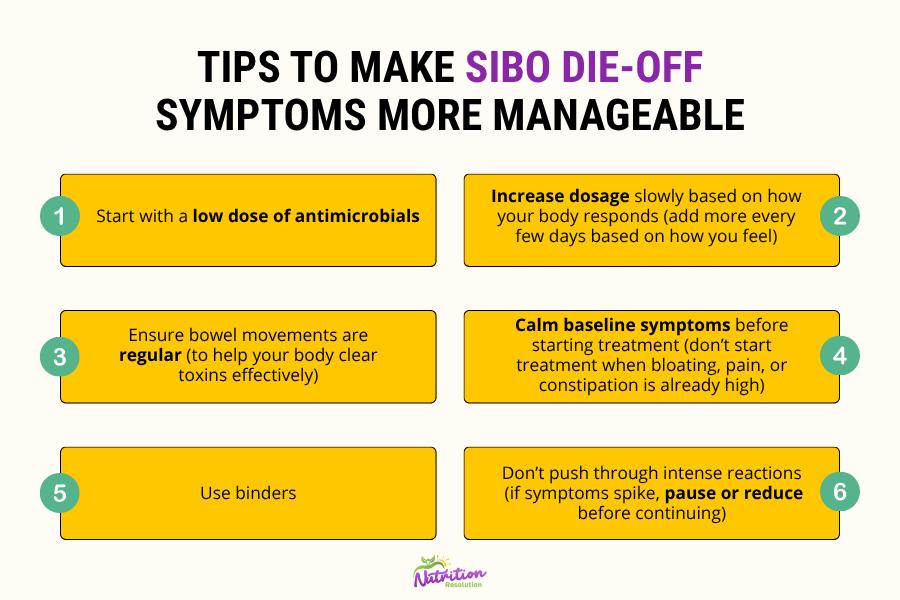 Tips to reduce SIBO die-off symptoms, including slow dosing and supporting bowel movements