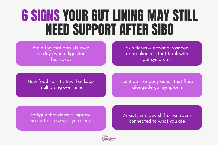 Diagram illustrating multiple factors contributing to persistent SIBO symptoms, including disrupted microbiome, low digestive capacity, and unaddressed root causes.